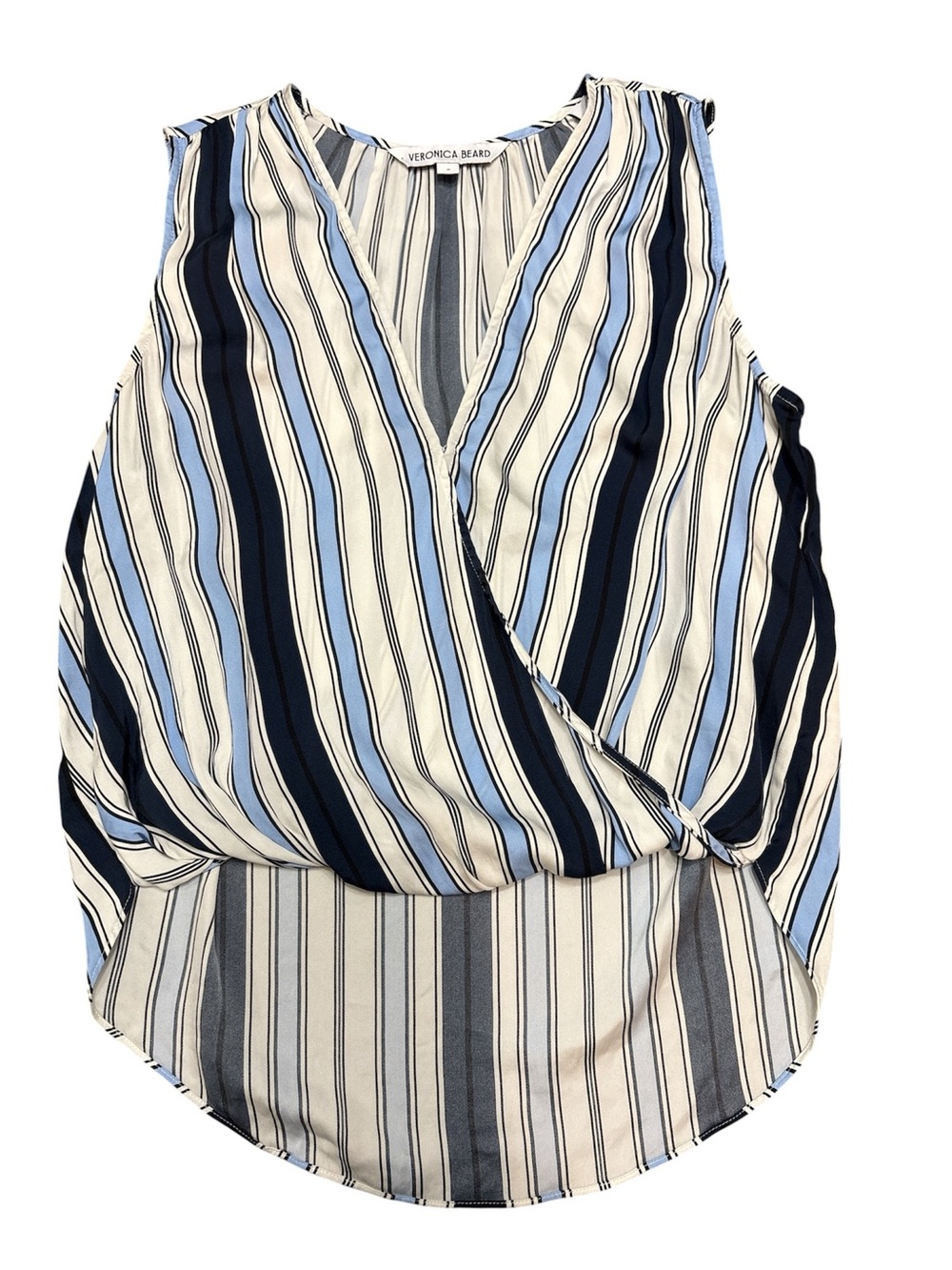 Veronica Beard Rahi Blue Stripe Luxury Silk Sleeveless Surplice Designer Blouse